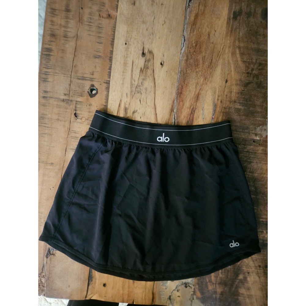 Alo Yoga Varsity Tennis Skirt Black Logo Waistband Athletic Skort Mini